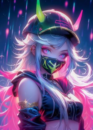 Neon Rebel: Cyberpunk Anime Girl Art Print - Premium Wooden Framed Poster. Ready to Hang.