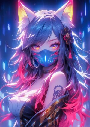 Neon Foxy: Anime Girl Art Print - Premium Wooden Framed Poster. Ready to Hang.