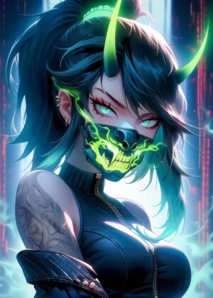 Neon Oni: Cyberpunk Anime Girl Art Print - Premium Wooden Framed Poster. Ready to Hang.