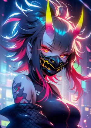 Neon Demon Girl: Cyberpunk Anime Art Print - Premium Wooden Framed Poster. Ready to Hang.