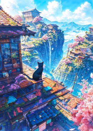 Serene Japanese Mountain Village with a Cat - Premium Wooden Framed Poster. Ready to Hang.