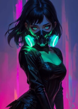 Cyberpunk Girl with Gas Mask: Neon Dreams - Premium Wooden Framed Poster. Ready to Hang.