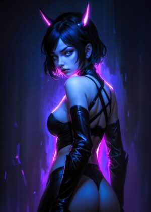 Neon Demon Girl: Cyberpunk Art Print - Premium Wooden Framed Poster. Ready to Hang.