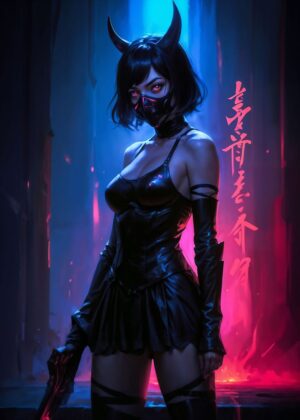 Cyberpunk Demon Girl Art Print - Premium Wooden Framed Poster. Ready to Hang.
