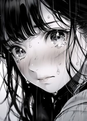 Heartbreak: A Monochrome Anime Art Print - Premium Wooden Framed Poster. Ready to Hang.