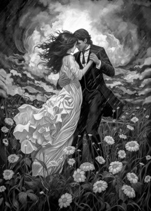 Monochrome Melody: A Romantic Embrace in the Storm - Premium Wooden Framed Poster. Ready to Hang.