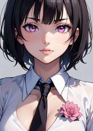 Anime Girl with Black Tie: Elegant and Mysterious - Premium Wooden Framed Poster. Ready to Hang.