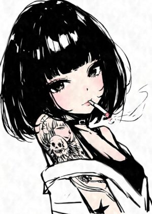 Smoking Tattoo Anime Girl Art Print - Premium Wooden Framed Poster. Ready to Hang.