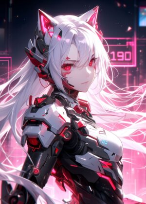 Cyberpunk Anime Girl: Futuristic Mech Warrior Art Print - Premium Wooden Framed Poster. Ready to Hang.