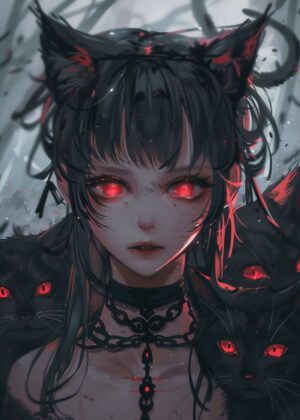 Dark Anime Girl with Red Eyes and Black Cats - Premium Wooden Framed Poster. Ready to Hang.