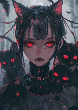 Dark Fantasy Cat Girl Artwork: Red Eyes, Black Cats - Premium Wooden Framed Poster. Ready to Hang.