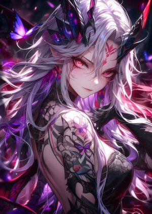 Tattooed Anime Girl: Dark Fantasy Art Print - Premium Wooden Framed Poster. Ready to Hang.