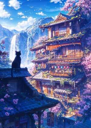 Sakura Anime Cat Japanese Art Print - Premium Wooden Framed Poster. Ready to Hang.