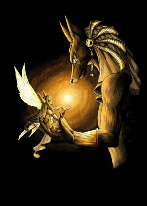 Anubis and the Light Fairy: Dark Fantasy Art Print - Premium Wooden Framed Poster. Ready to Hang.