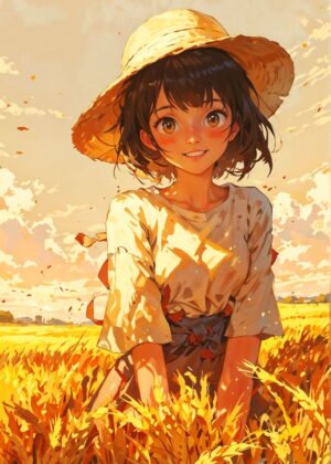 Golden Hour in the Wheat Field: Anime Girl Art Print - Premium Wooden Framed Poster. Ready to Hang.