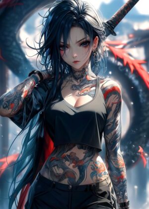 Fierce Samurai Anime Girl Art Print - Premium Wooden Framed Poster. Ready to Hang.