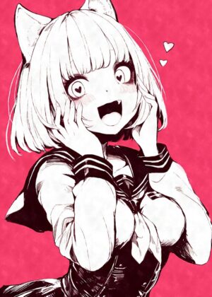Anime Cat Girl Heart Eyes: A Delightful Digital Artwork - Premium Wooden Framed Poster. Ready to Hang.