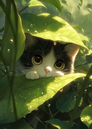 Adorable Kitten Sheltering Under Leaves in the Rain - Premium Wooden Framed Poster. Ready to Hang.