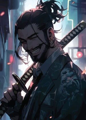 Stylish Samurai: Cyberpunk Art Print - Premium Wooden Framed Poster. Ready to Hang.