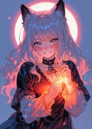 Enchanted Anime Cat Girl Artwork - Premium Wooden Framed Poster. Ready to Hang.
