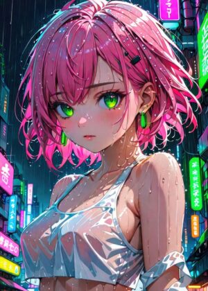 Cyberpunk Anime Girl in the Rain - Premium Wooden Framed Poster. Ready to Hang.