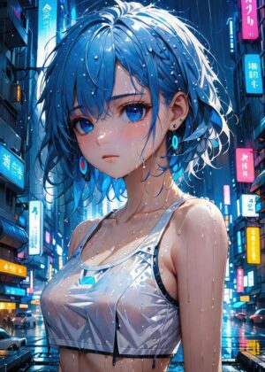Anime Cyberpunk Girl 03: Rain-Soaked Streets of the Future - Premium Wooden Framed Poster. Ready to Hang.