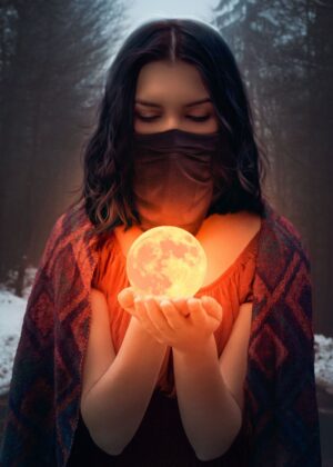 Mystical Moon Maiden: A Glowing Embrace - Premium Wooden Framed Poster. Ready to Hang.