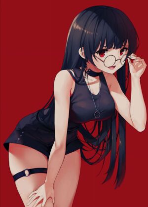 Anime Girl with Round Glasses - Red Background Art Print - Premium Wooden Framed Poster. Ready to Hang.