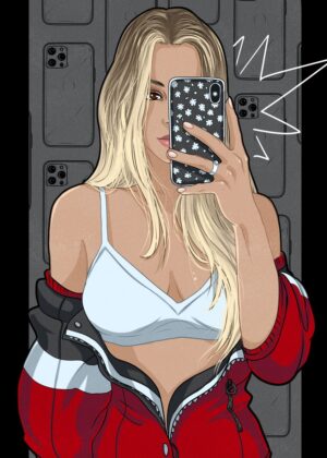 Mirror Selfie Girl: Stylish Blonde in Red Jacket - Premium Wooden Framed Poster. Ready to Hang.