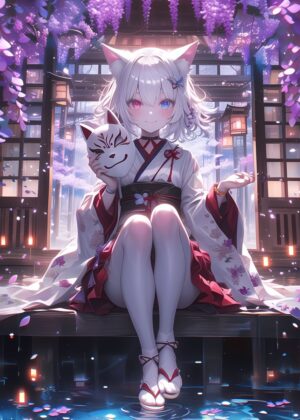 Anime Fox Girl in Wisteria Garden at Night - Premium Wooden Framed Poster. Ready to Hang.