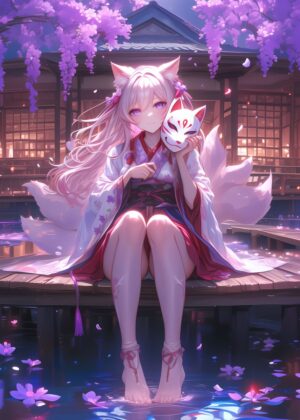 Fox Girl Moonlit Anime Art Print - Premium Wooden Framed Poster. Ready to Hang.