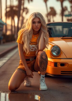 Golden Hour Beauty: Girl and Classic Car - Premium Wooden Framed Poster. Ready to Hang.