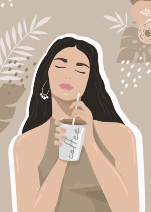 Serene Woman Enjoying Coffee: Calm Minimalist Art Print - Premium Wooden Framed Poster. Ready to Hang.