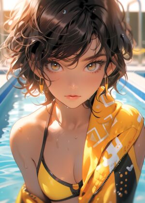 Sun-Kissed Anime Girl: Bikini & Tattoo Artwork - Premium Wooden Framed Poster. Ready to Hang.