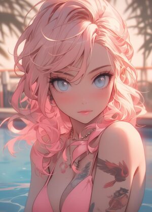 Anime Poolside Beauty: A Summer Escape - Premium Wooden Framed Poster. Ready to Hang.