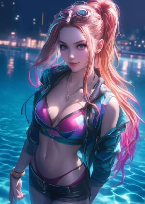 Night Poolside Anime Girl Art Print - Premium Wooden Framed Poster. Ready to Hang.