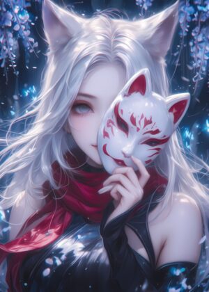 Enigmatic Fox Spirit: Anime Girl Art Print - Premium Wooden Framed Poster. Ready to Hang.