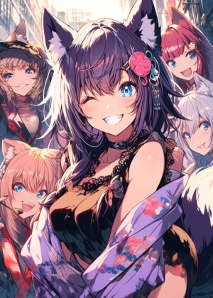 Anime City Night Out: Vibrant Illustration of Friends - Premium Wooden Framed Poster. Ready to Hang.