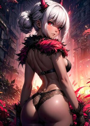 Devil Anime Girl: Fiery Beauty in Urban Decay - Premium Wooden Framed Poster. Ready to Hang.