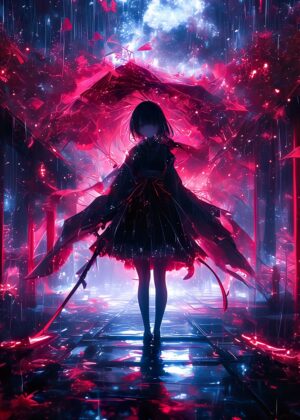 Futuristic Cherry Blossom Anime Girl Art Print - Premium Wooden Framed Poster. Ready to Hang.