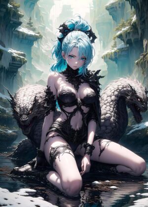 Mystical Anime Girl with Reptiles - Premium Wooden Framed Poster. Ready to Hang.