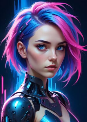 Neon Girl: Cyberpunk Art Print - Premium Wooden Framed Poster. Ready to Hang.