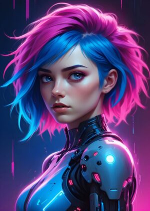 Neon Girl Cyberpunk Art Print - Premium Wooden Framed Poster. Ready to Hang.