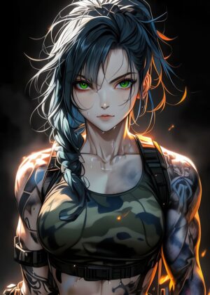 Powerful Anime Woman Soldier Art Print - Premium Wooden Framed Poster. Ready to Hang.