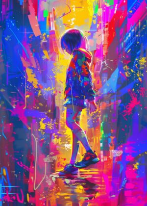 Urban Reverie: A Vibrant Digital Painting - Premium Wooden Framed Poster. Ready to Hang.
