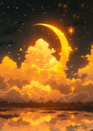 Golden Hour Dreamscape: Anime-Style Cloud Art - Premium Wooden Framed Poster. Ready to Hang.