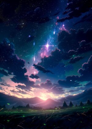 Anime Landscape: Starry Night Serenity - Premium Wooden Framed Poster. Ready to Hang.