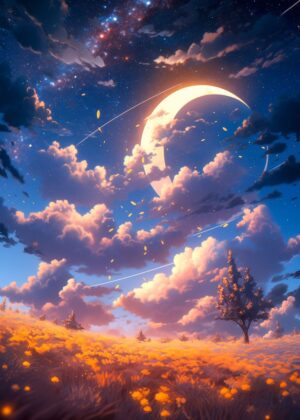 Peaceful Anime Night Sky - Premium Wooden Framed Poster. Ready to Hang.