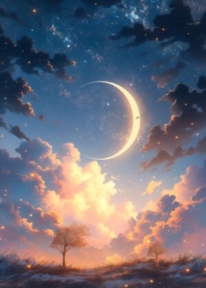 Under the Crescent Moon: A Dreamy Landscape - Premium Wooden Framed Poster. Ready to Hang.