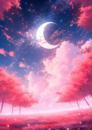 Between the Pink Trees: Dreamy Nightscape - Premium Wooden Framed Poster. Ready to Hang.